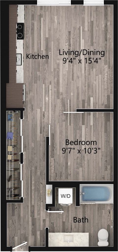 Floor plan for 1 bed, 1 bath, 622 sqft
